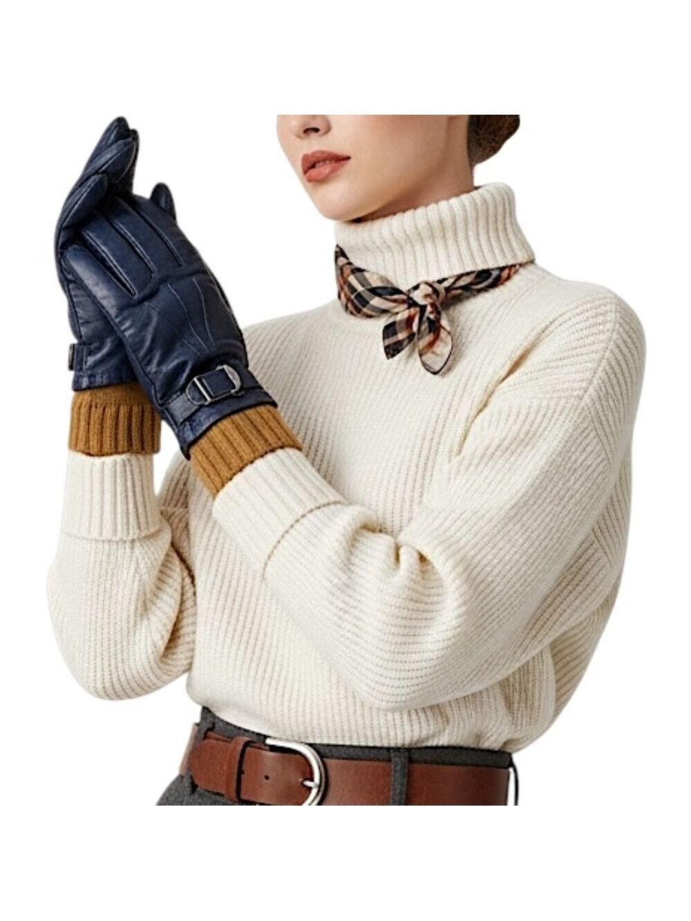 Vtg 70s Ski Masters Doris Navy Steer hide Leather Removable Knit Liner Gloves L